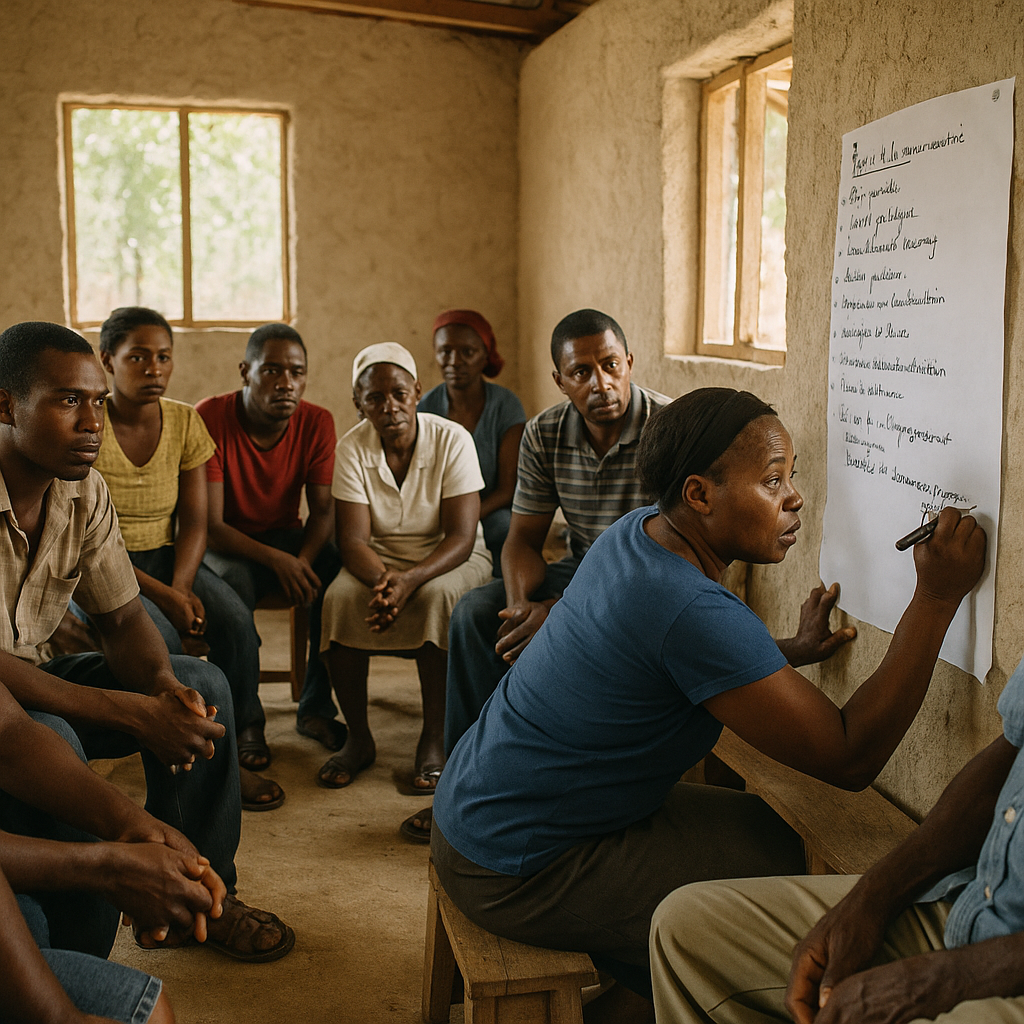 Haitian community members collaborating in a local development planning meeting
