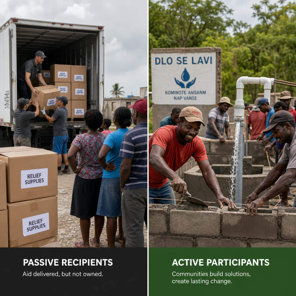 Contrast between passive aid distribution and active community-led development initiatives