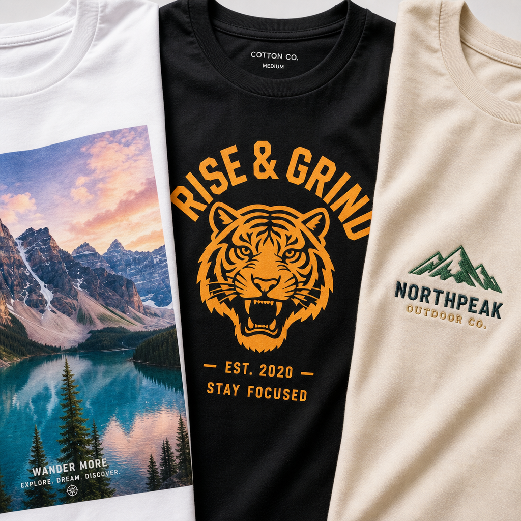 Three printed t-shirt samples showing DTF, screen printing, and embroidery techniques side-by-side