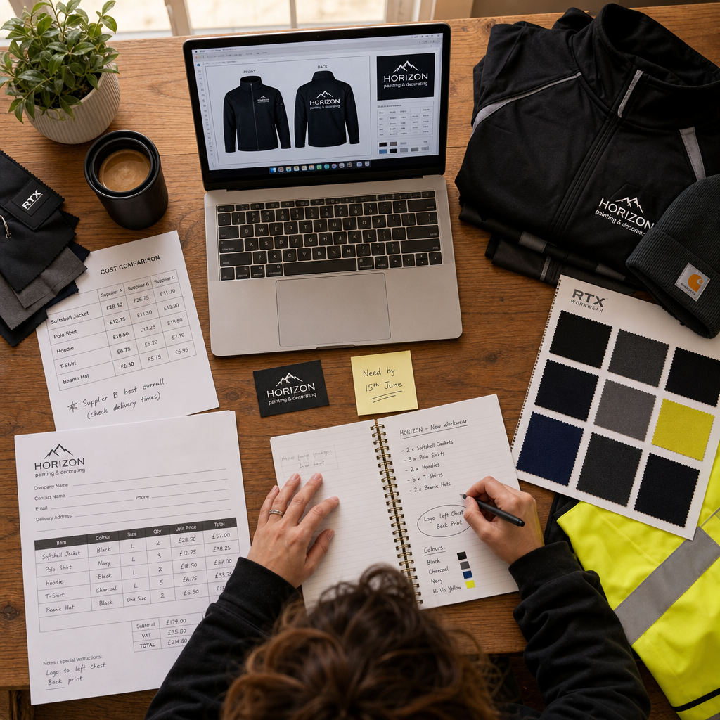 Small business owner's desk with printing method comparison materials and workwear samples