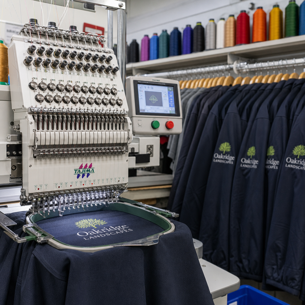 Professional embroidery machine in operation with finished embroidered workwear samples