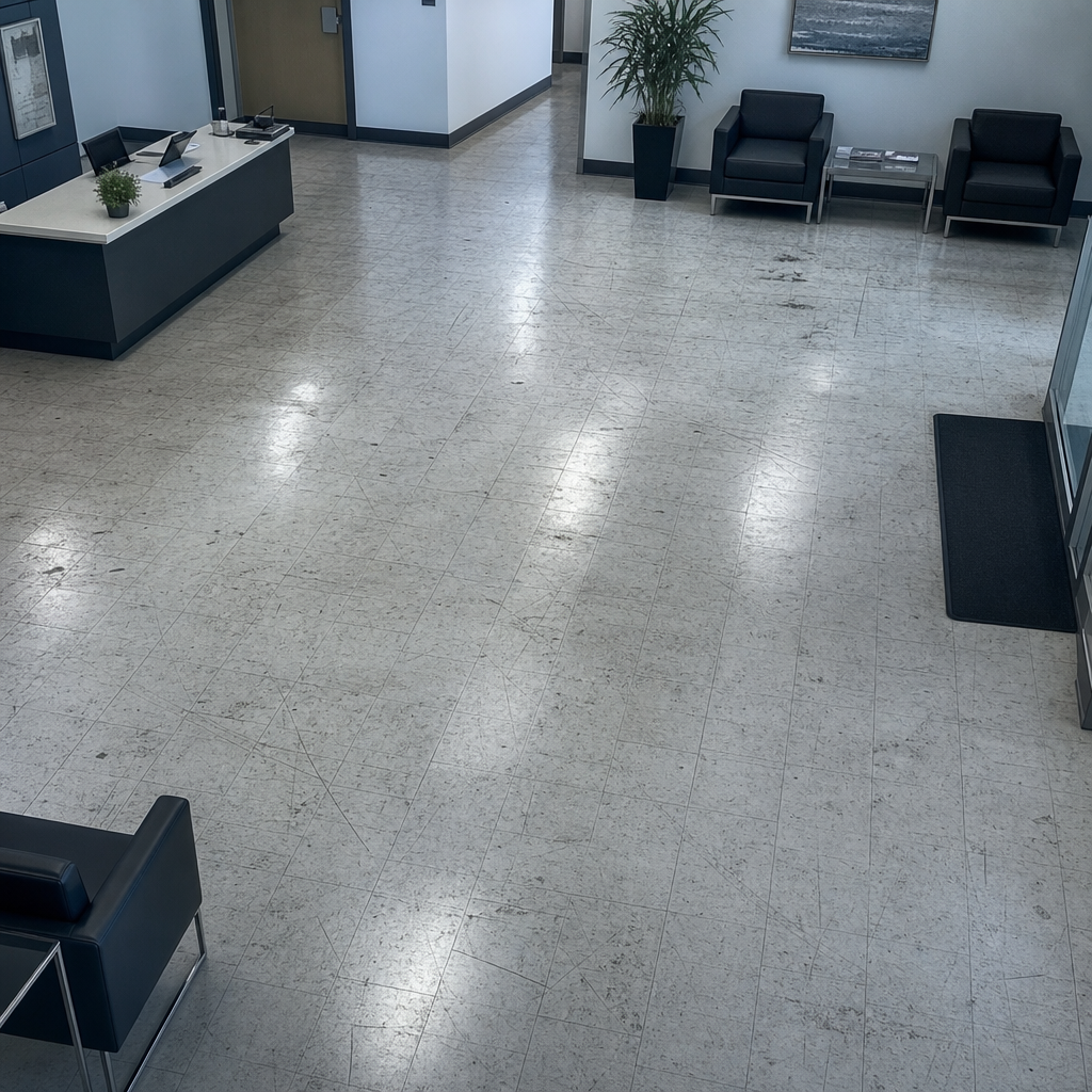 Worn commercial floor with scratches and dirt in office lobby