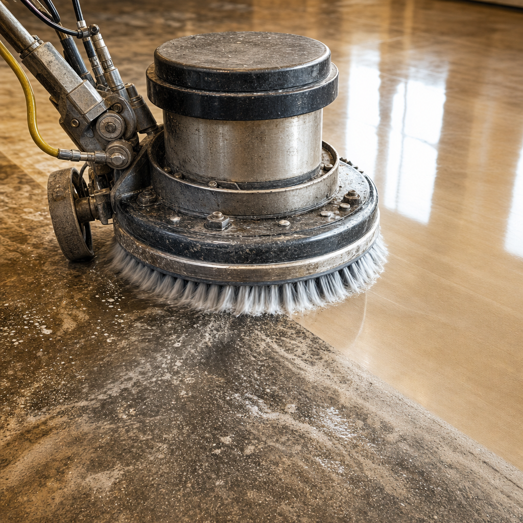 Commercial floor stripping machine cleaning in action