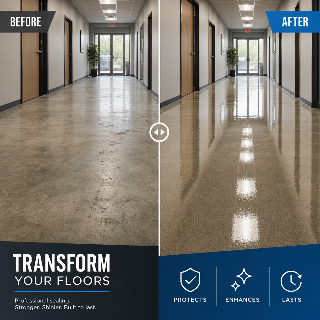Before and after comparison of commercial floor stripping and sealing results