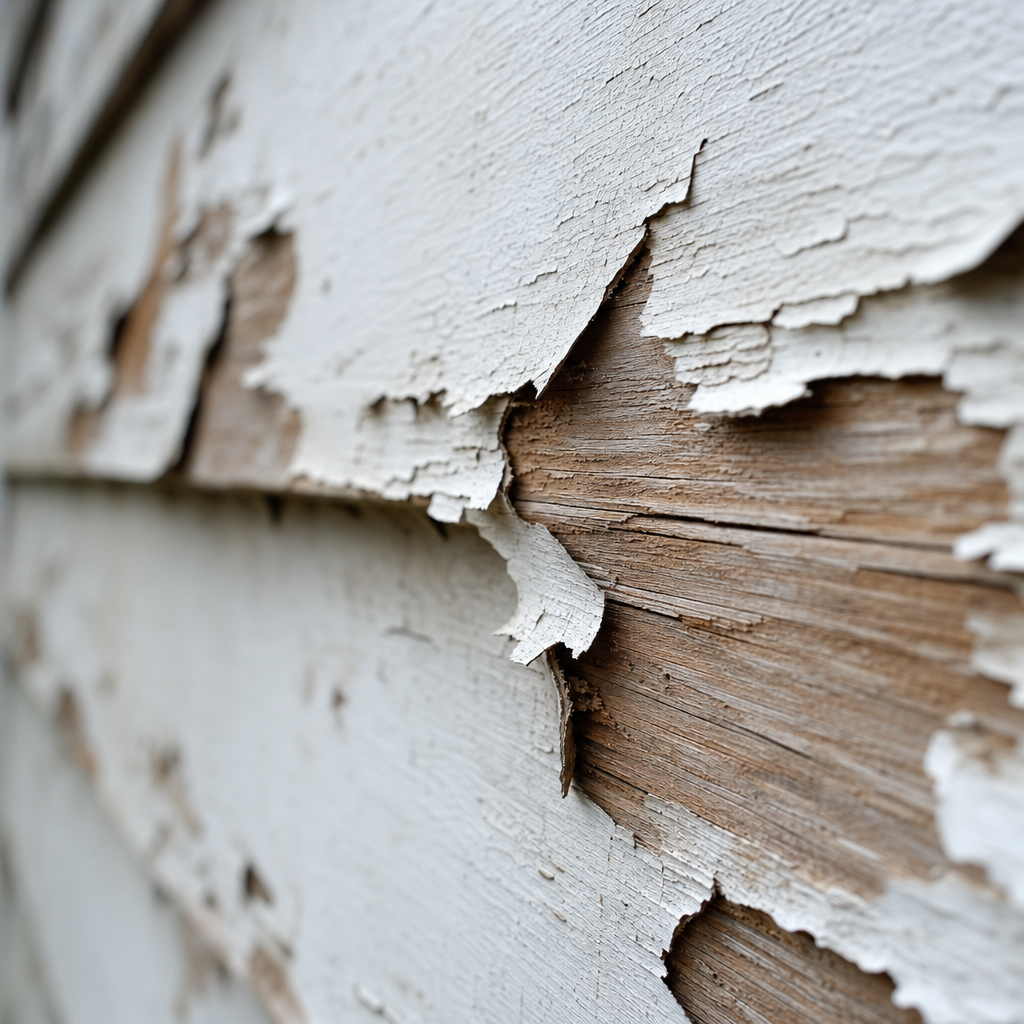 Exterior paint peeling in sheets from house siding, exposing bare wood
