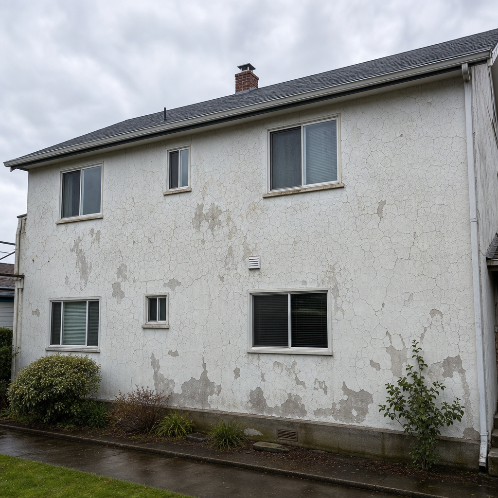 House exterior showing cracking and checking patterns across faded paint