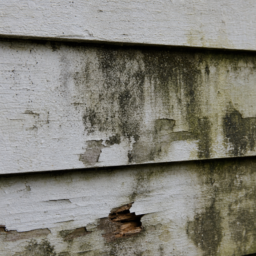 Moisture stains, mildew, and wood damage on deteriorated exterior paint