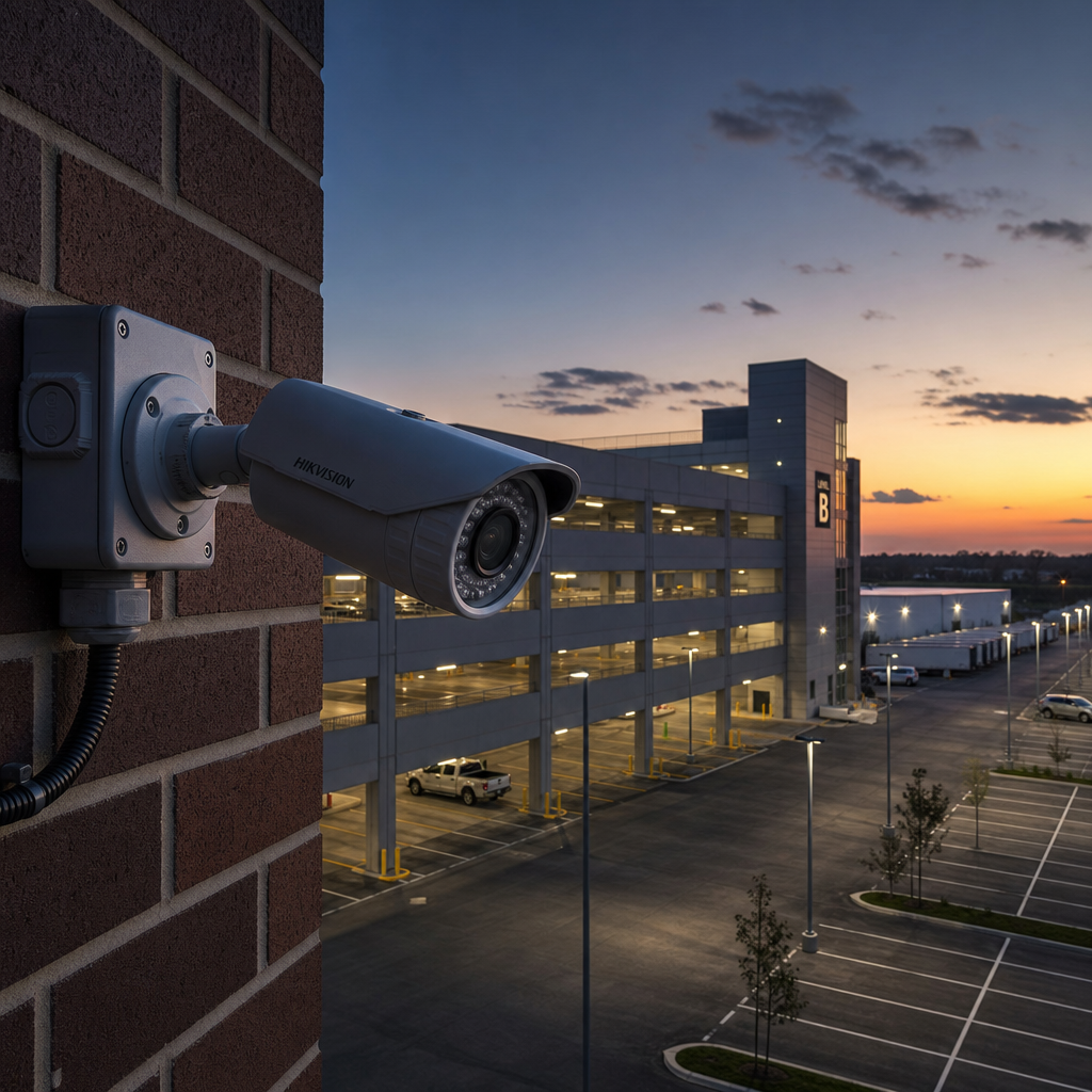 Bullet-style CCTV camera overlooking outdoor parking structure at dusk