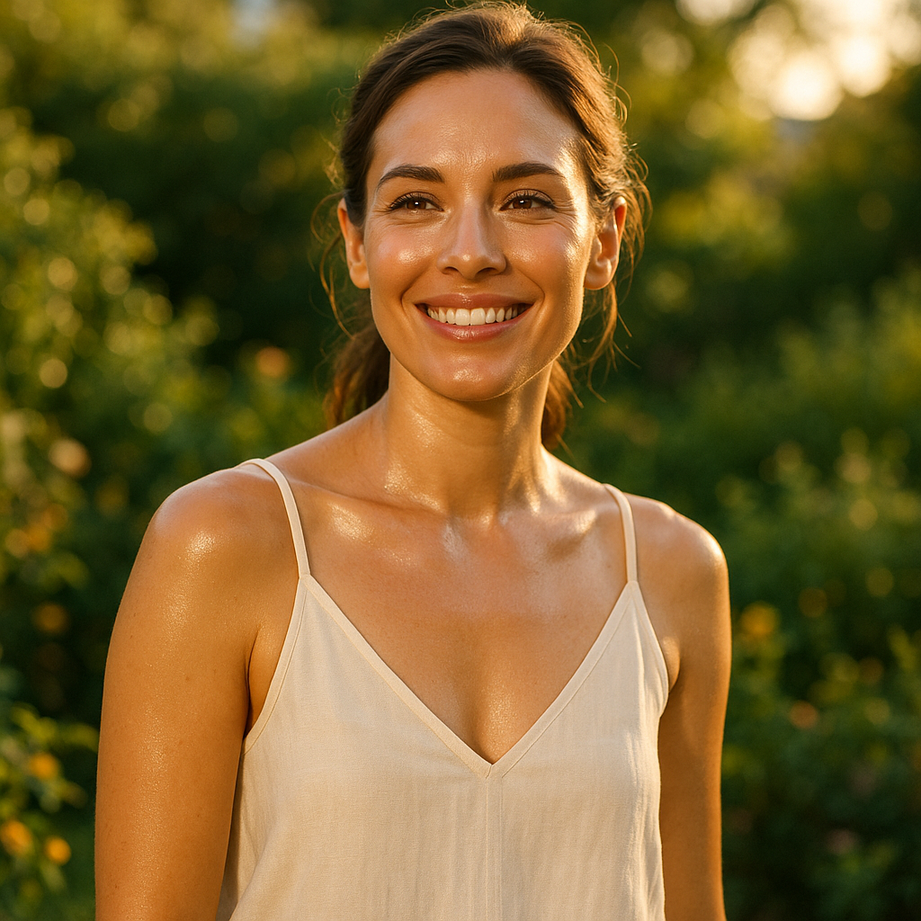 Woman with glowing skin in summer garden setting