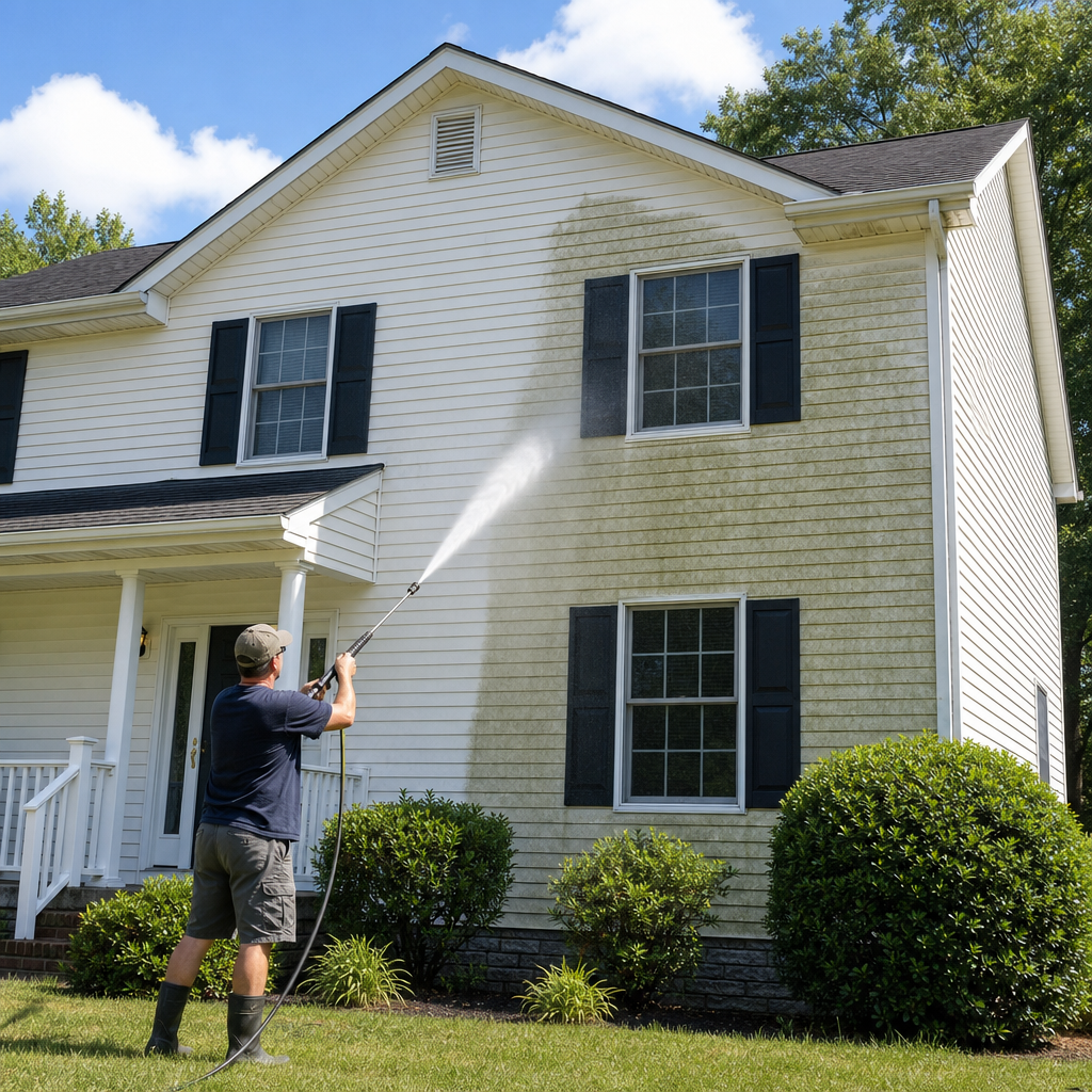 Homeowner power washing exterior siding on residential home