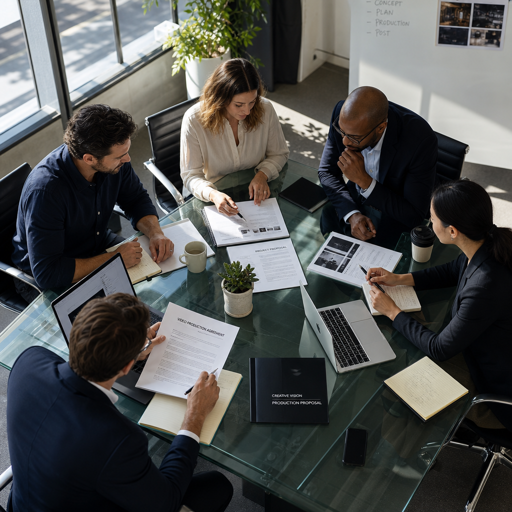 Corporate team reviewing video production contracts and documents at a conference table