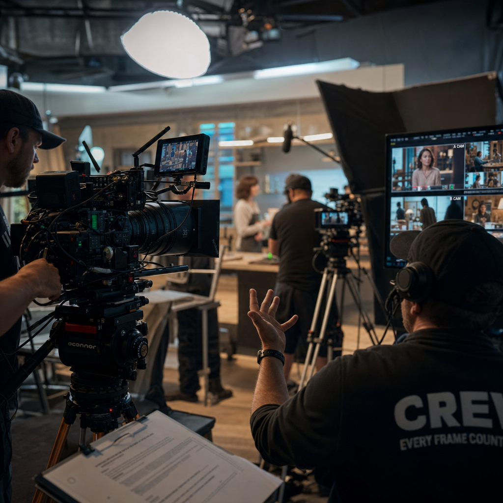 Professional video production crew operating multiple cameras and lighting equipment on set