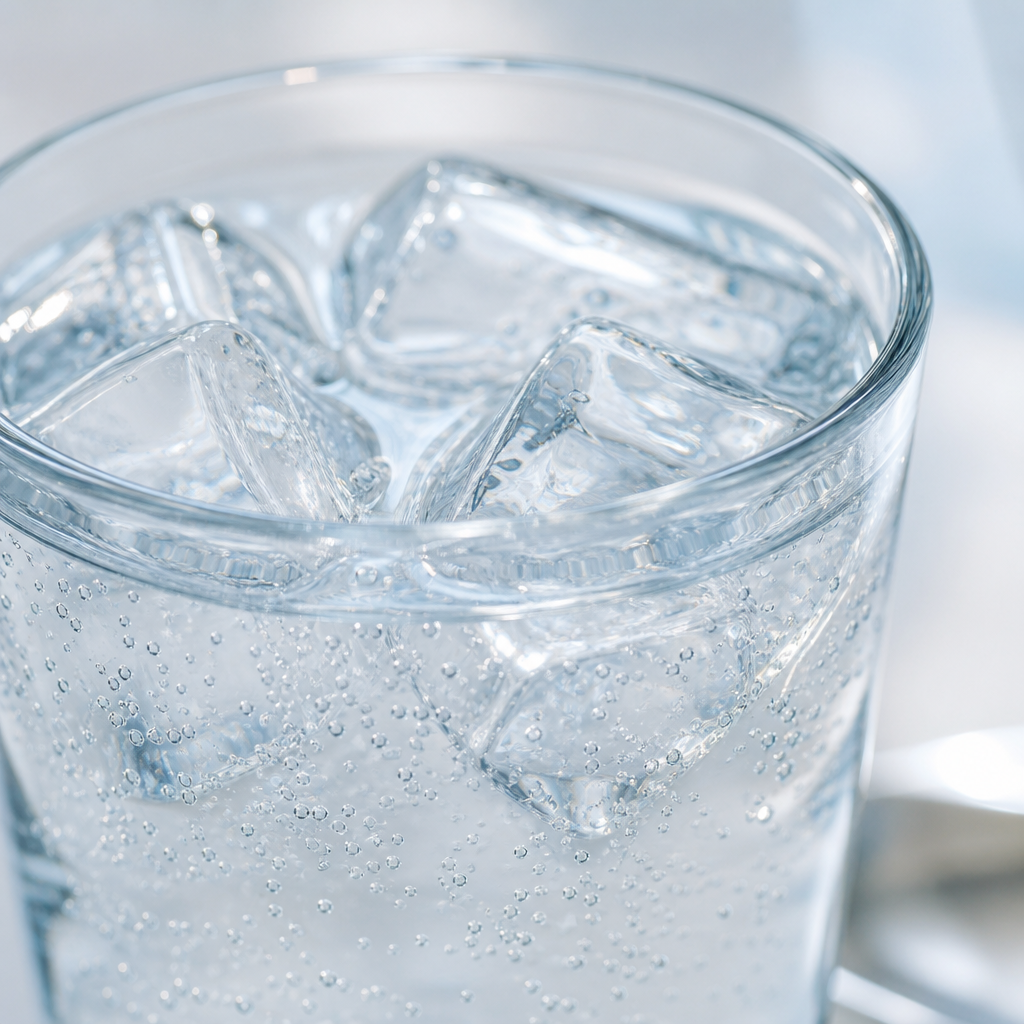 Clear electrolyte drink in glass with ice cubes, emphasizing transparency and purity