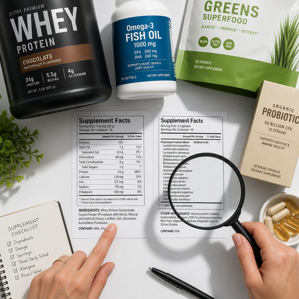 Supplement labels and packaging with magnifying glass showing ingredient comparison