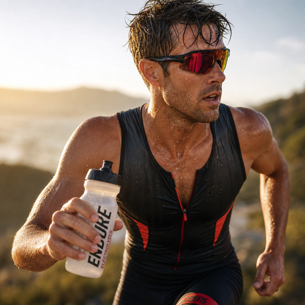 Active athlete training outdoors with electrolyte drink during exercise