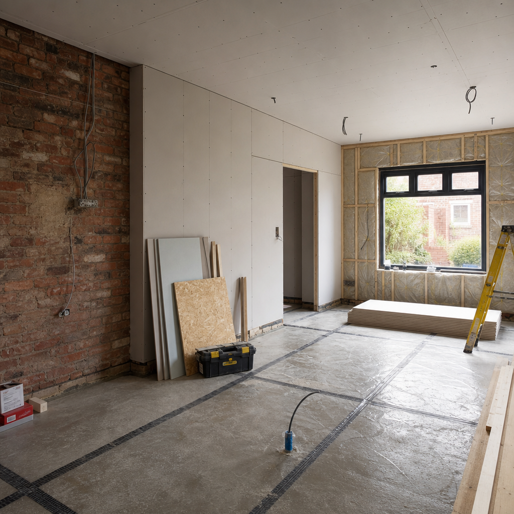 Garage interior mid-conversion showing insulation and plasterboard installation work