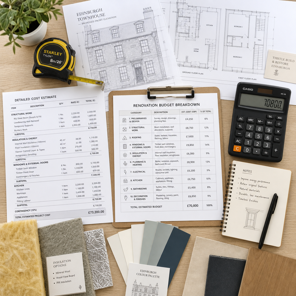Budget planning materials and cost estimates laid out for garage conversion project