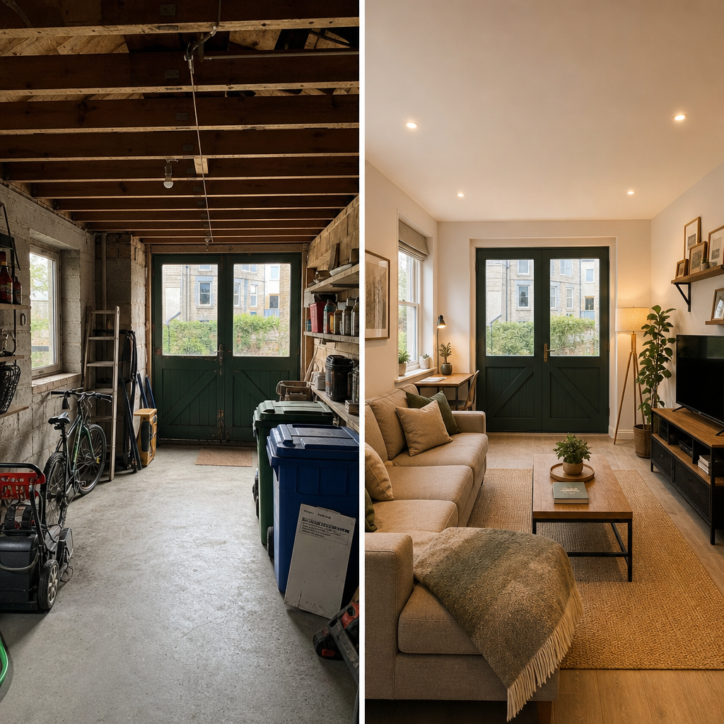 Garage transformation showing cluttered original space converted to finished living room