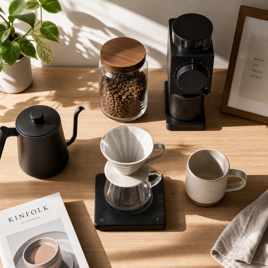 Overhead view of an organised home coffee setup with grinder, beans, and brewing equipment on a wooden table