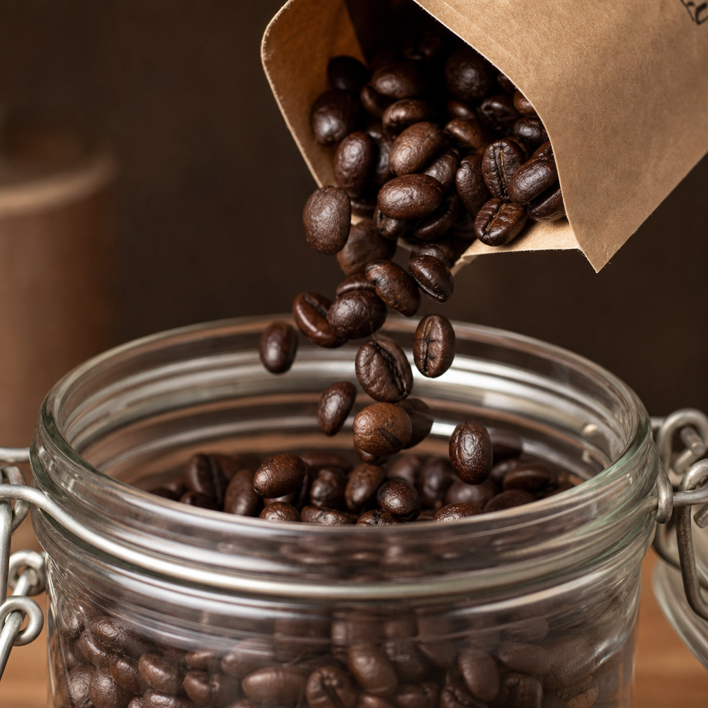 Freshly roasted specialty coffee beans being transferred into a glass storage jar