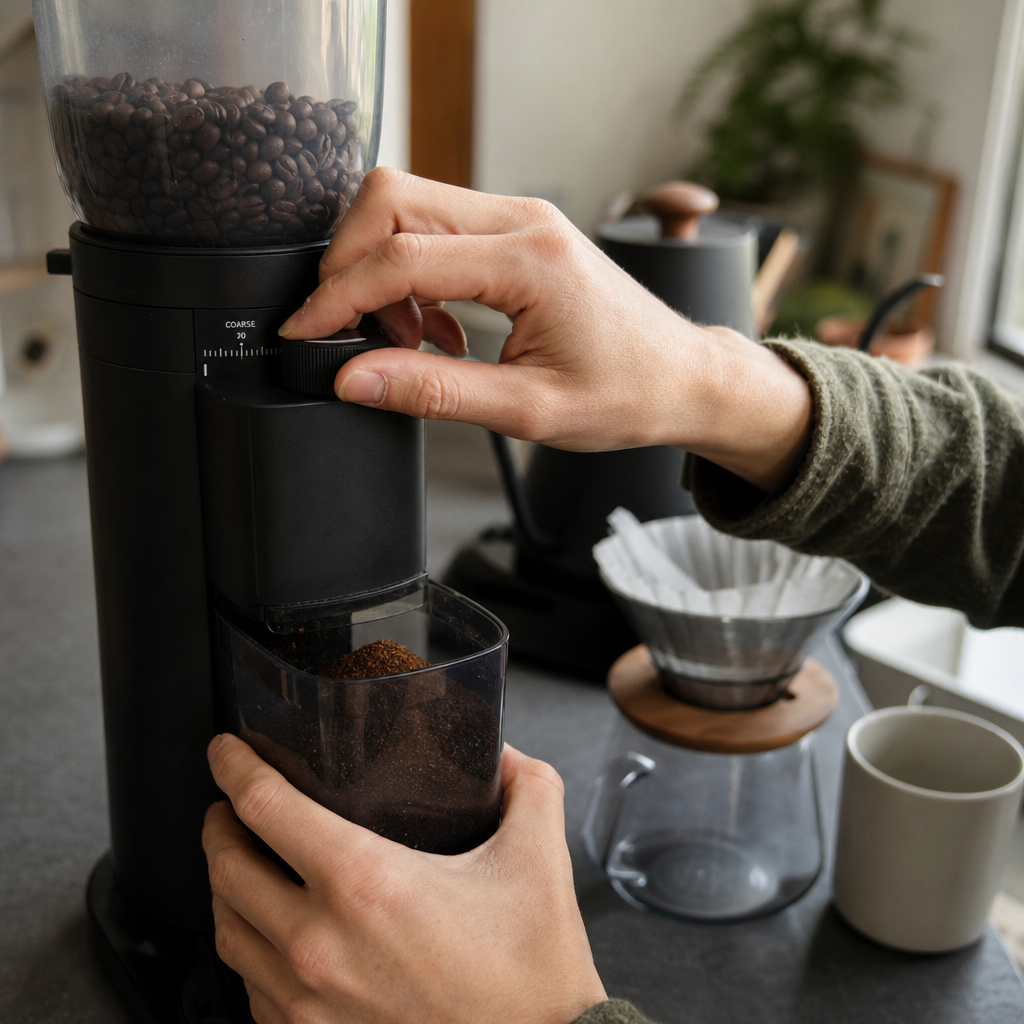 Close-up of hands using a burr grinder with pour-over equipment visible in soft focus behind