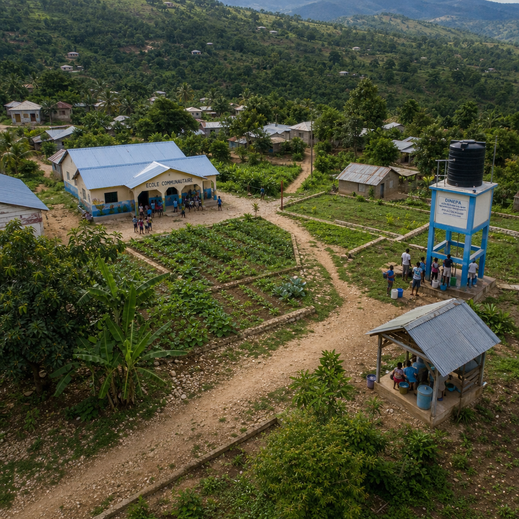 Overhead view of integrated rural development showing education, water, agriculture, and infrastructure systems connected throughout a Haitian village