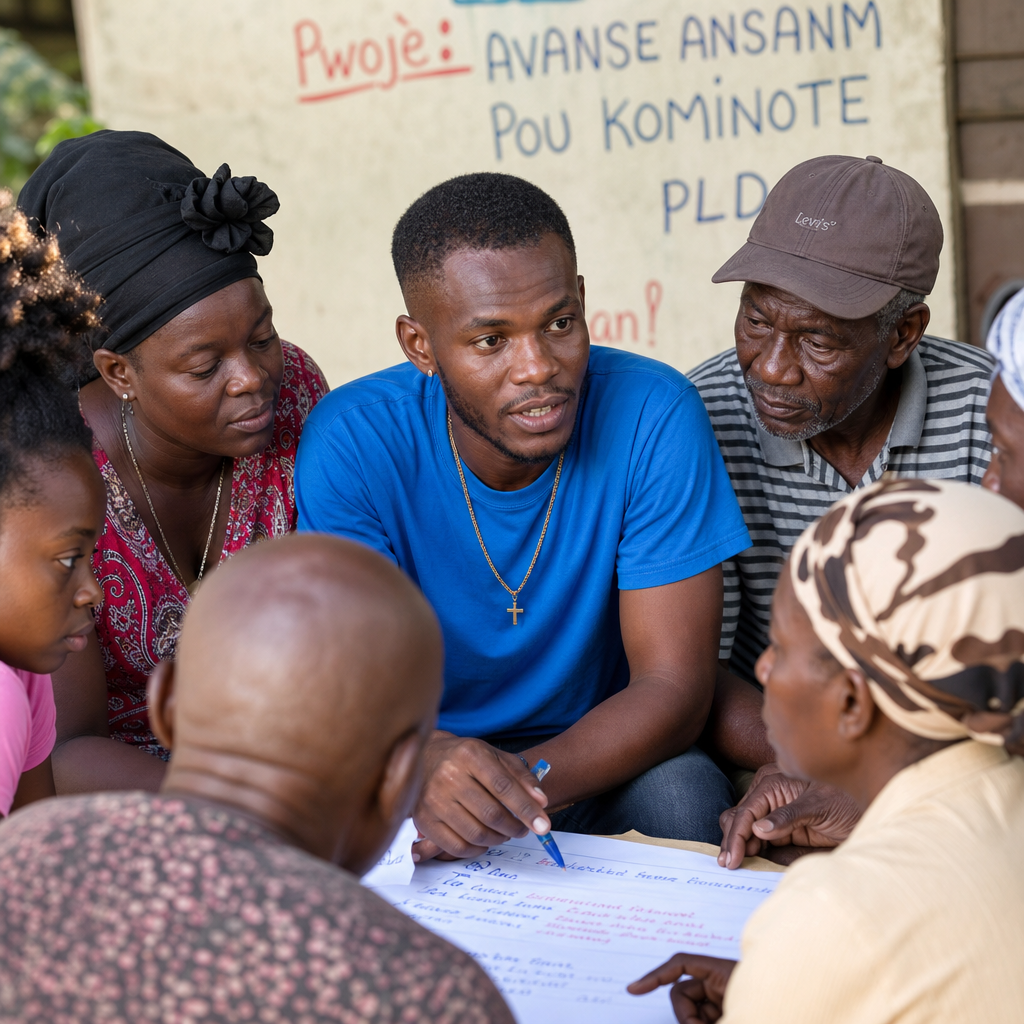 Haitian community members in discussion circle representing grassroots, community-led development planning