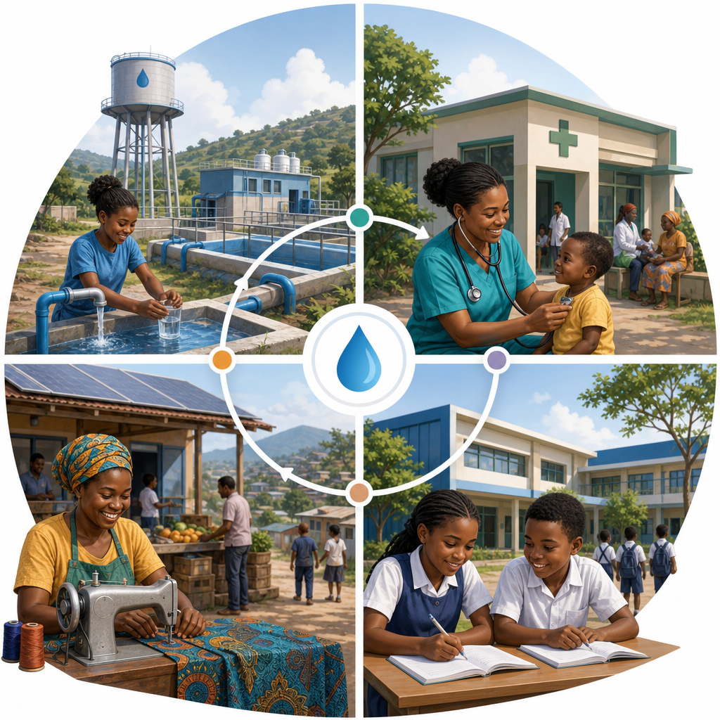 Interconnected network of development systems linking health, education, water, and economic opportunities