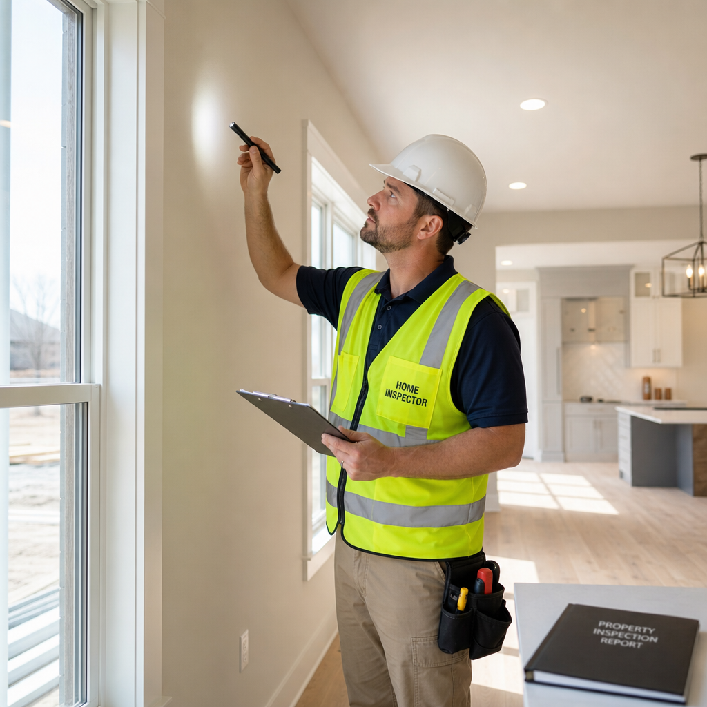 Professional home inspector conducting detailed interior inspection of new construction property