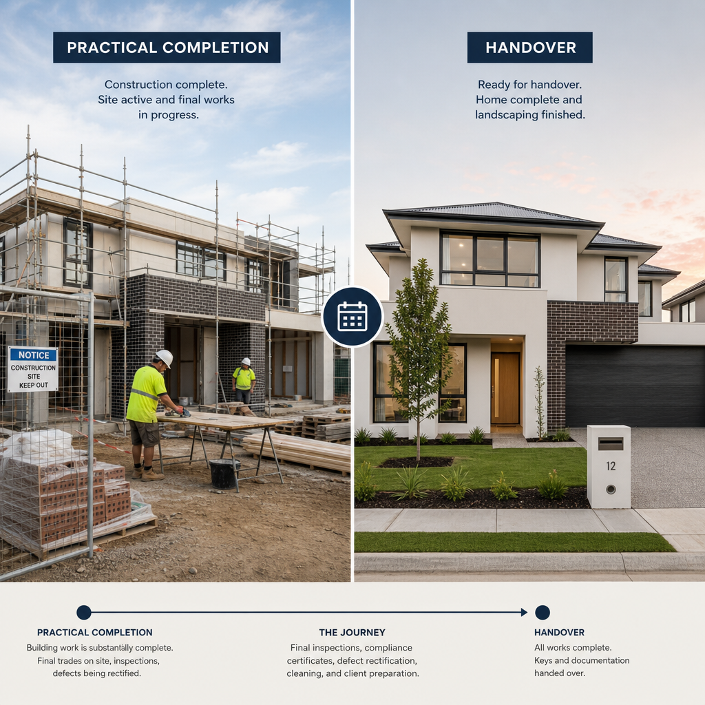 Visual timeline comparison between active construction phase and completed home stage
