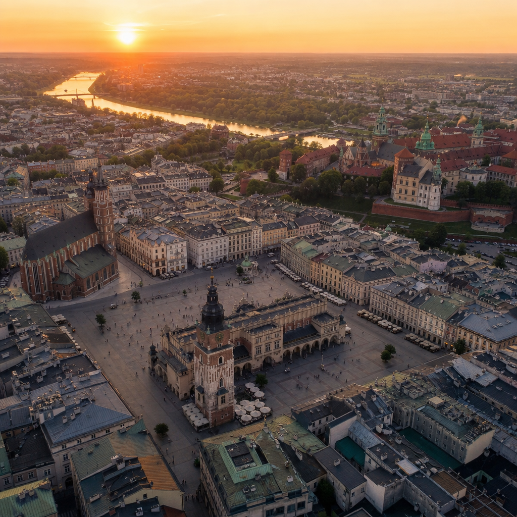 Widok z helikoptera na zabytkowe centrum Krakowa z Rynkiem Głównym i Wisłą o zachodzie słońca