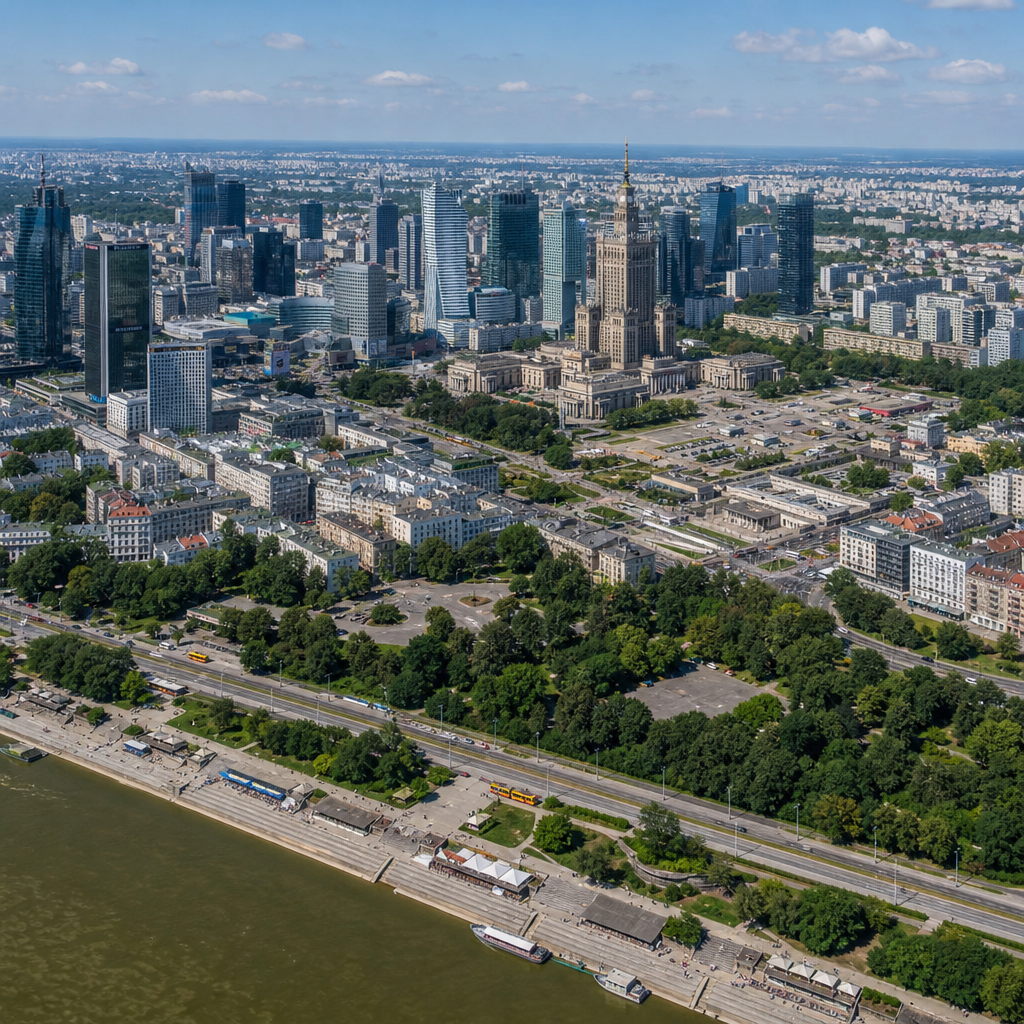 Panoramiczny widok z powietrza na panoramę Warszawy z Pałacem Kultury i wieżowcami latem