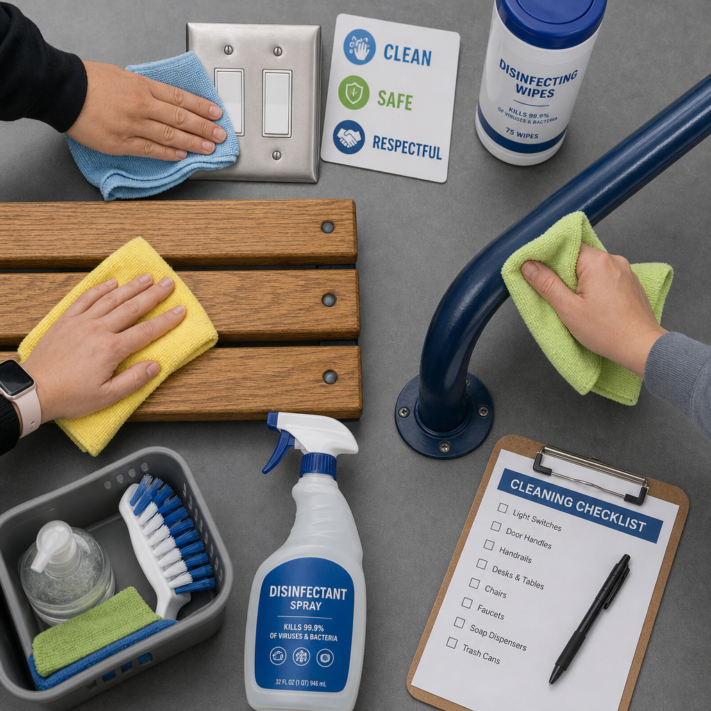 Cleaning supplies and high-touch school surfaces arranged for detailed view - school cleaning in cranbourne