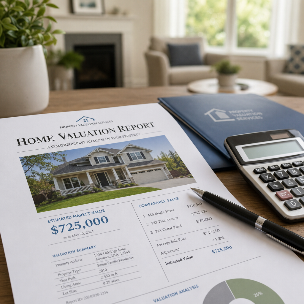Property valuation report and real estate documents on a desk
