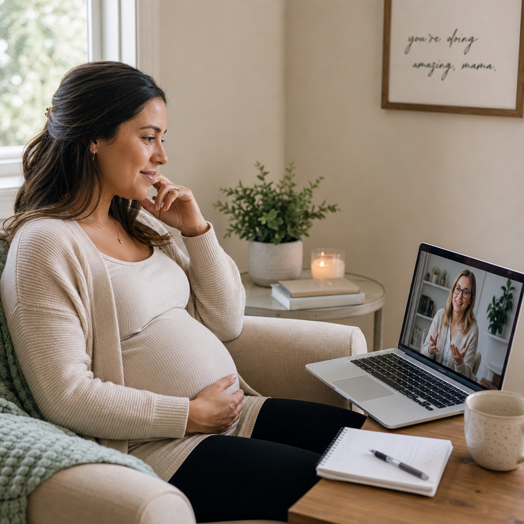 Pregnant woman in a coaching session with a supportive professional on video call