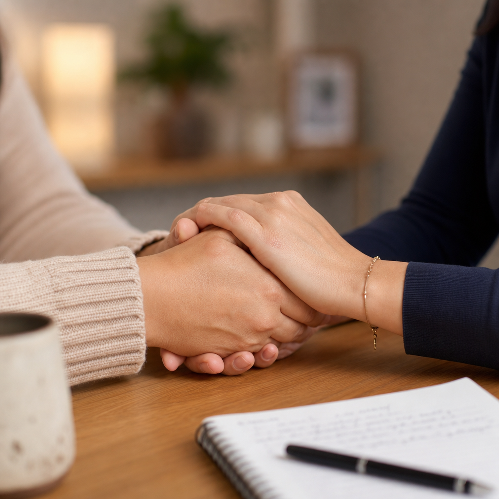 Supportive hand clasp between a mother and maternal health coach during a one-on-one session