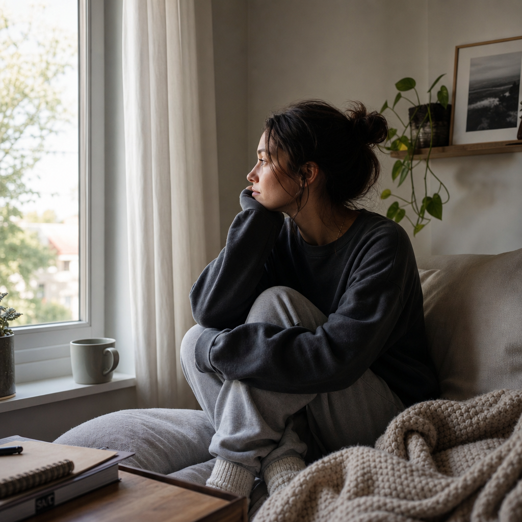 Woman in a quiet moment of reflection, representing the emotional space where coaching support matters
