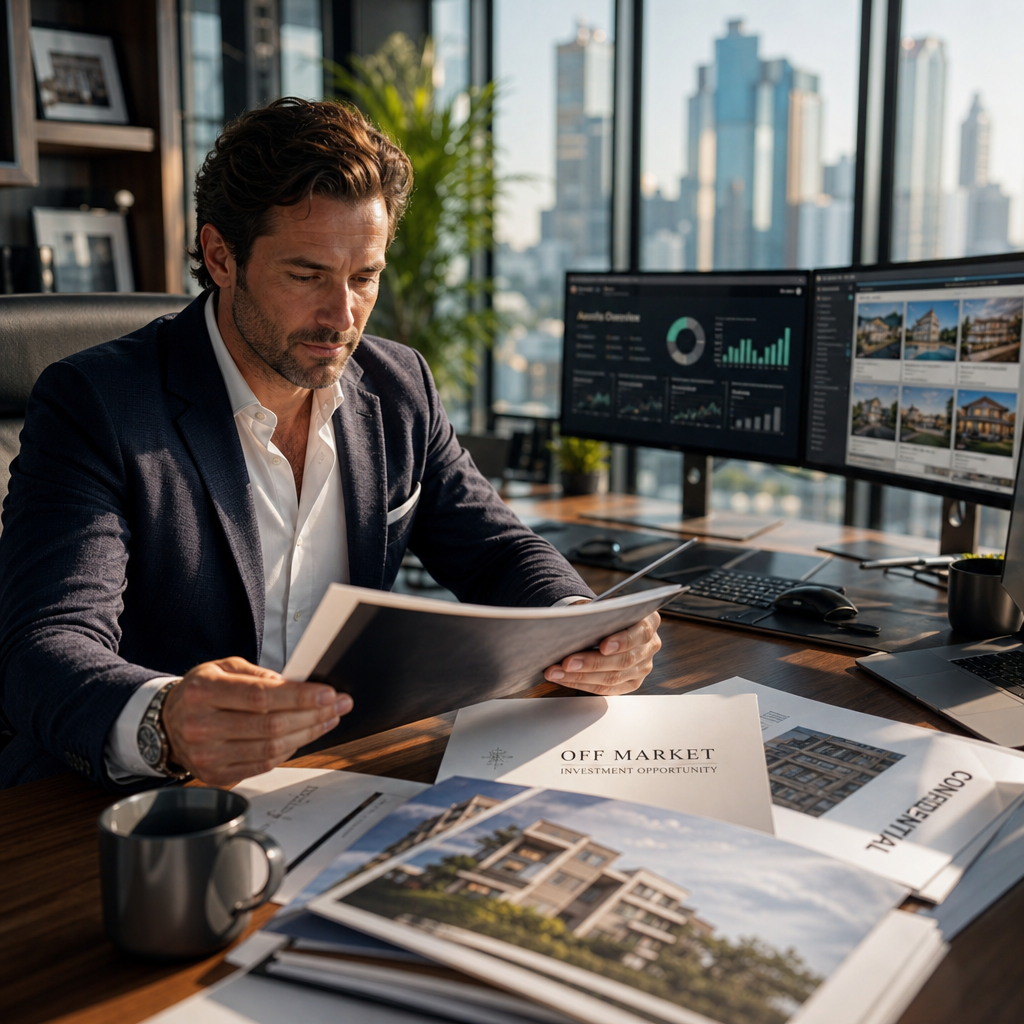 Investor analyzing exclusive off-market property deals on desk with documents and monitors