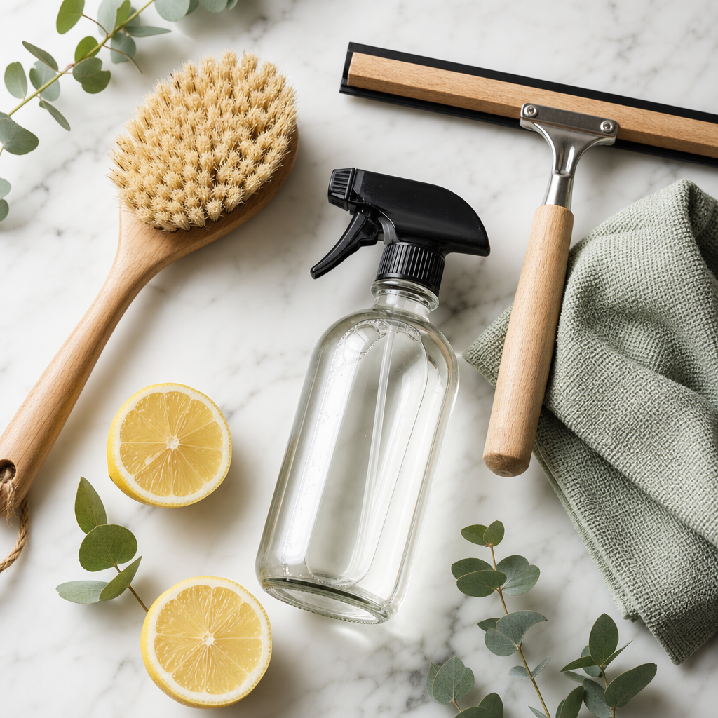 Arranged cleaning supplies and eco-friendly products on marble surface