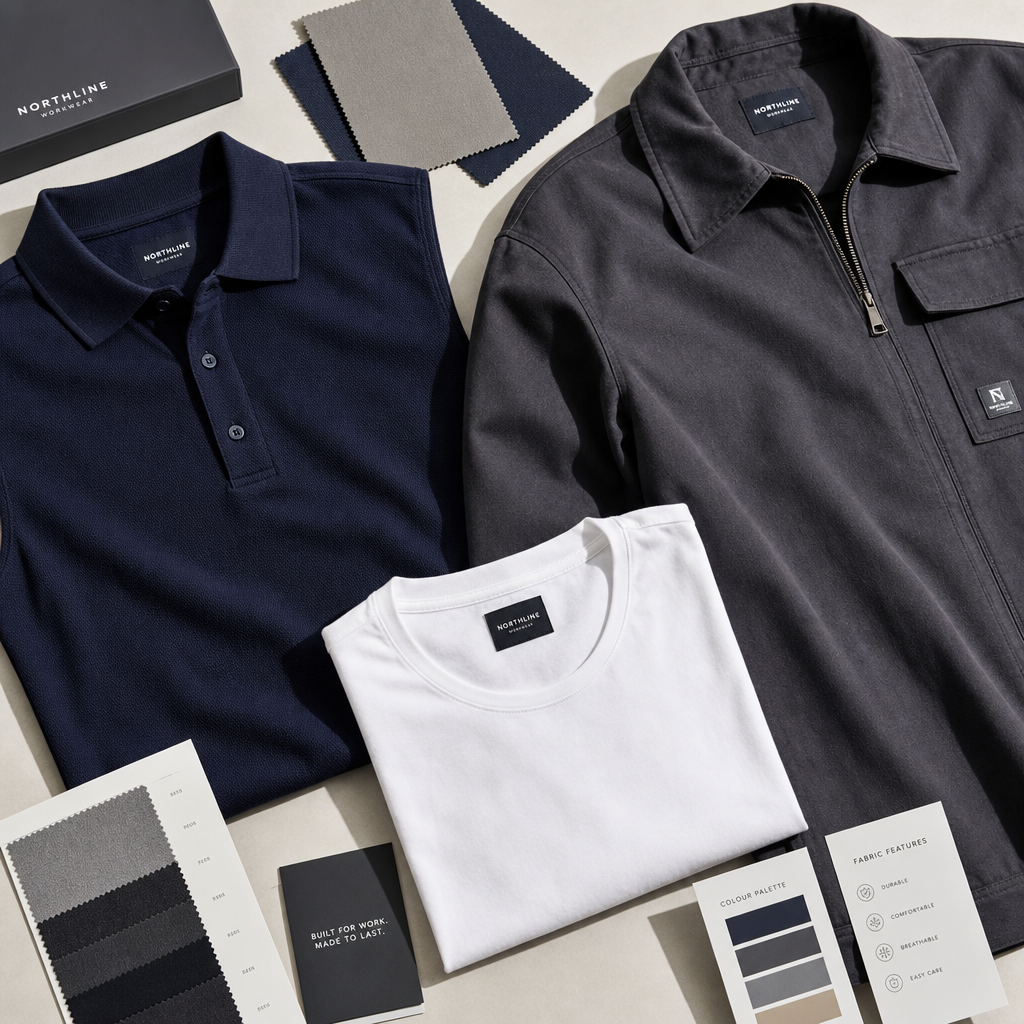 Selection of professional workwear garments and fabric swatches laid flat