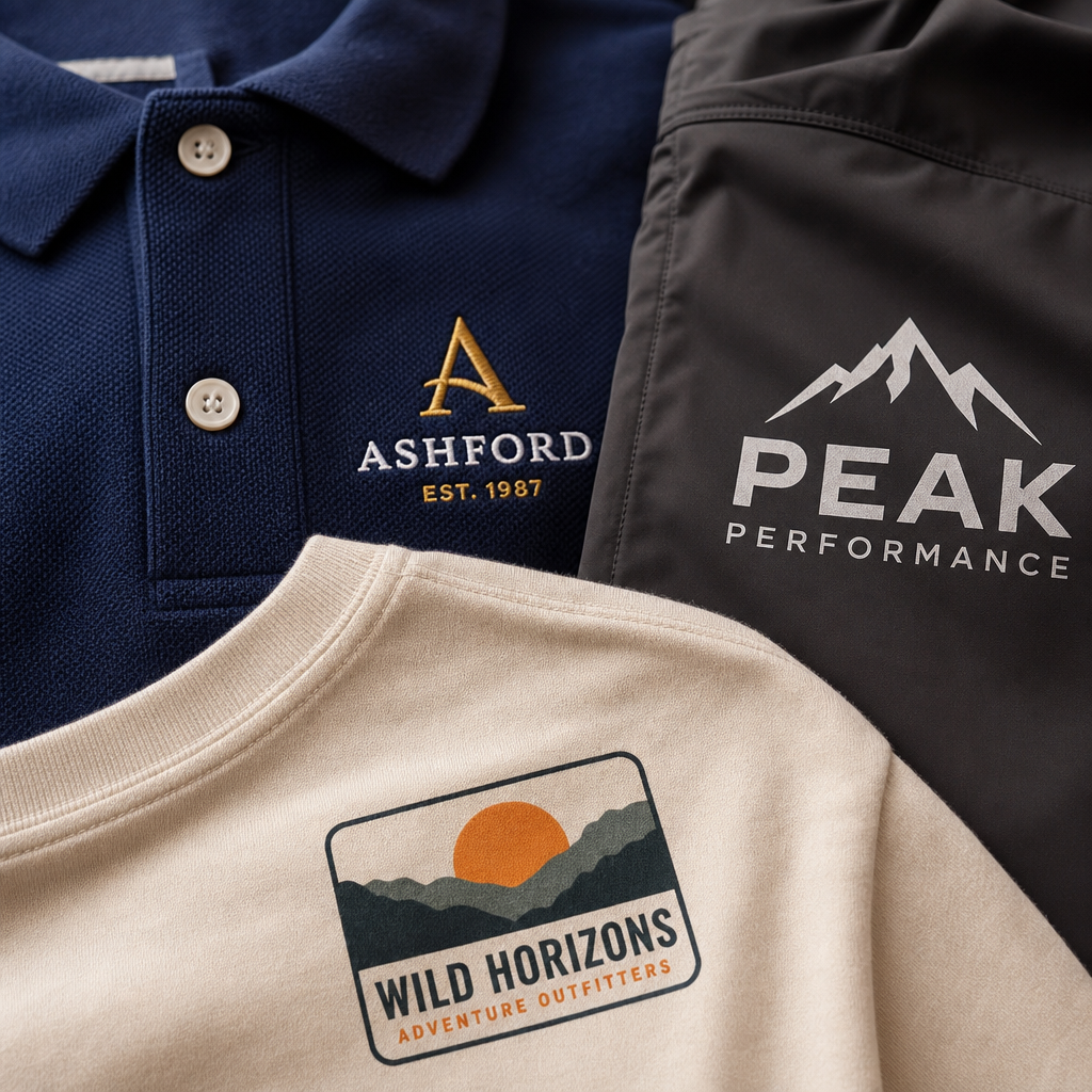 Detailed view of various print and embroidery methods on workwear fabrics