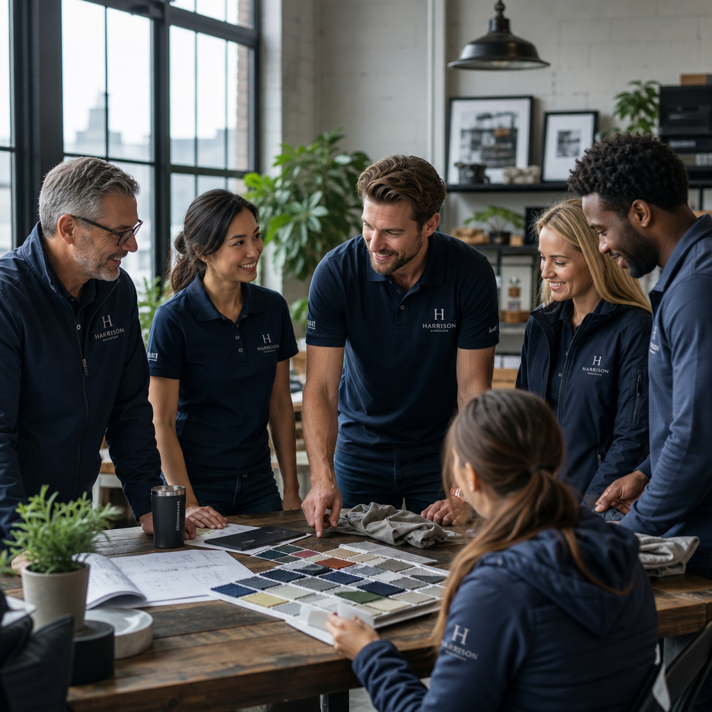 Small business team wearing coordinated custom branded workwear while working together
