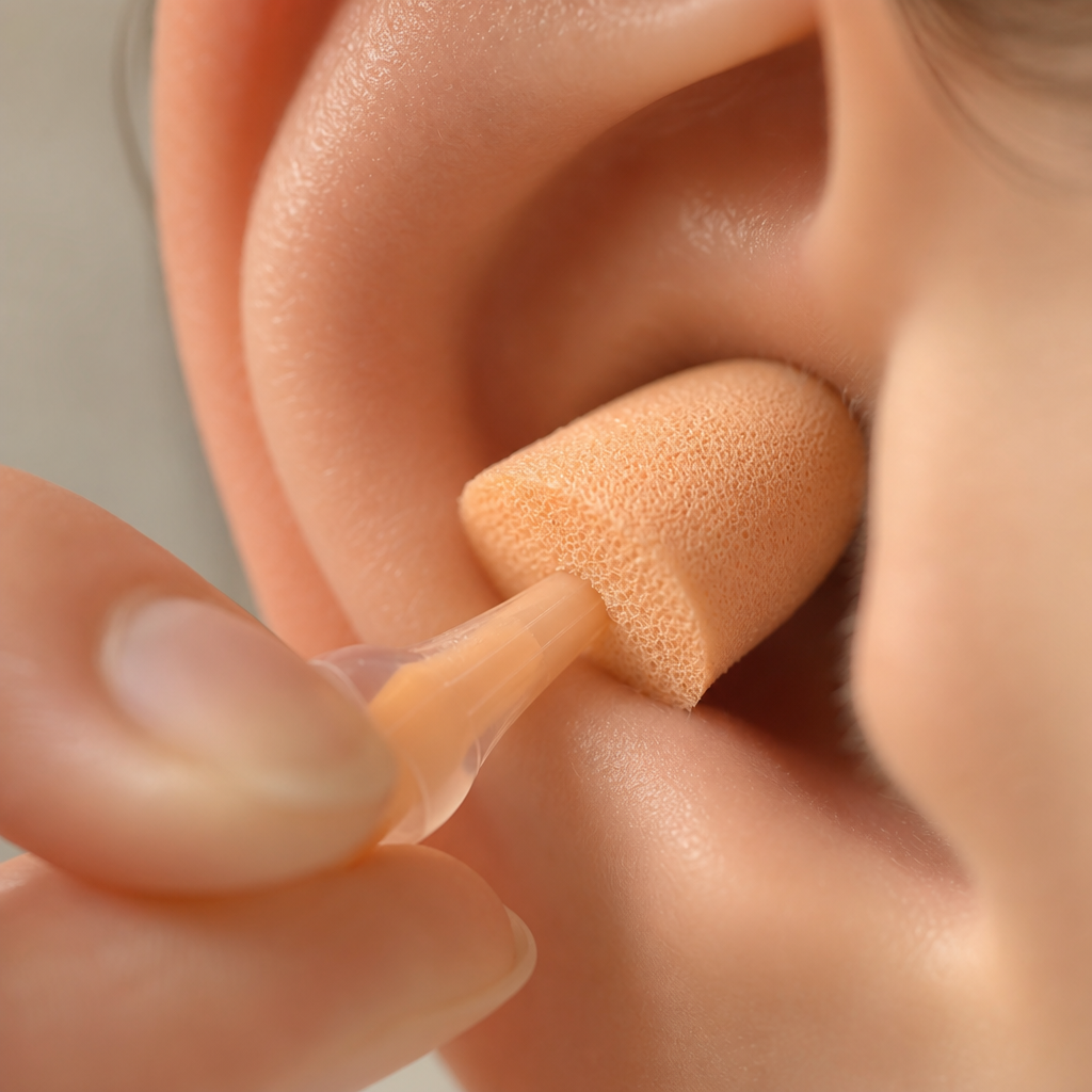 Macro view of an ear plug being inserted with foam tip creating a seal in the ear canal