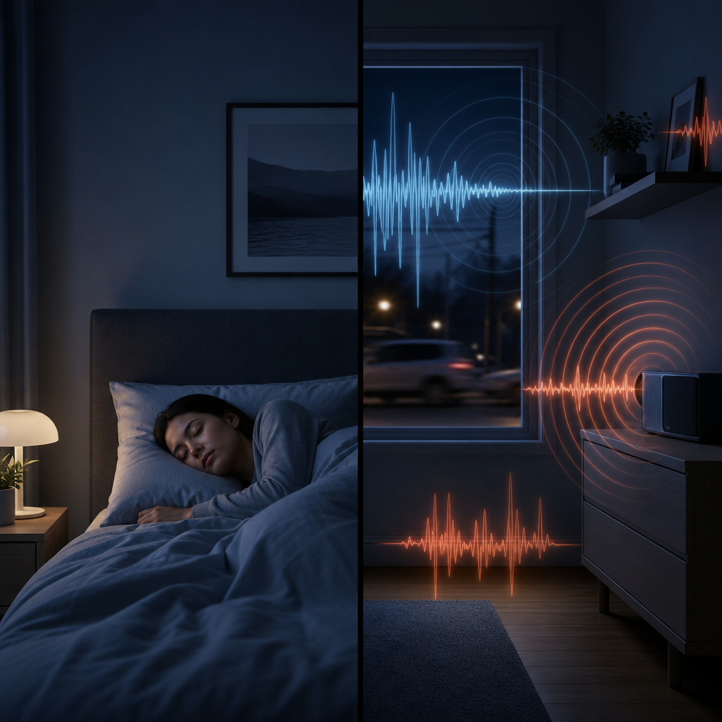 Split-screen comparison of peaceful sleep environment versus surrounding noise sources in a bedroom