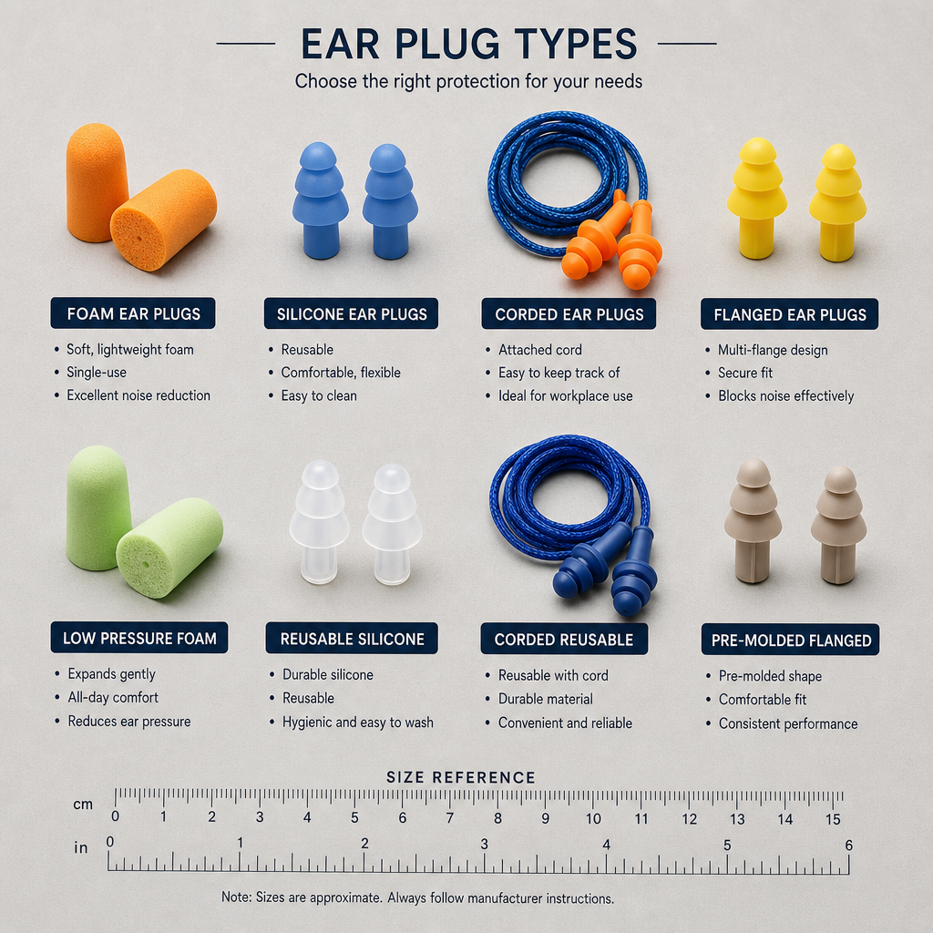 Flat-lay arrangement of different ear plug styles and types for sleep protection