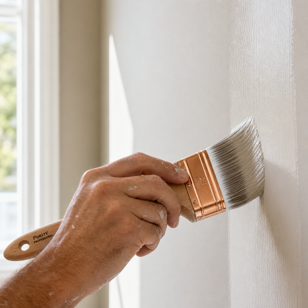 Professional painter applying fine finish paint with precision to interior wall