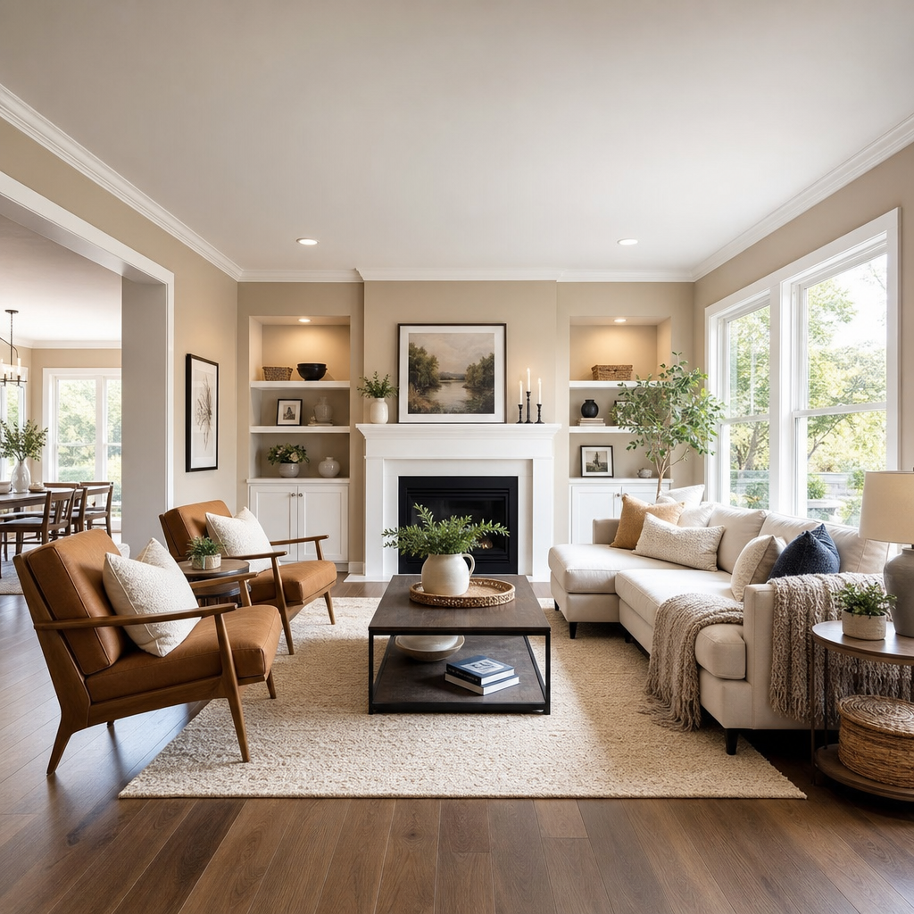 Renovated living room with professionally painted walls and natural lighting