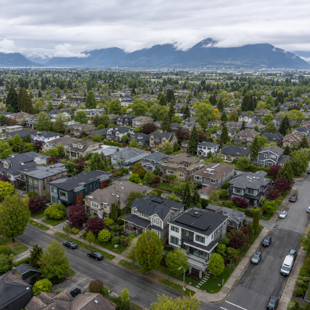 Suburban Vancouver neighborhood with diverse residential homes and tree-lined streets