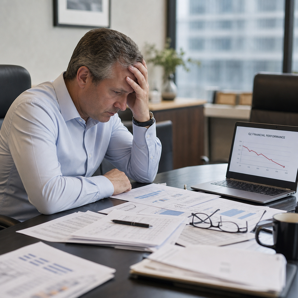 Operations director reviewing failed cost reduction reports at conference table