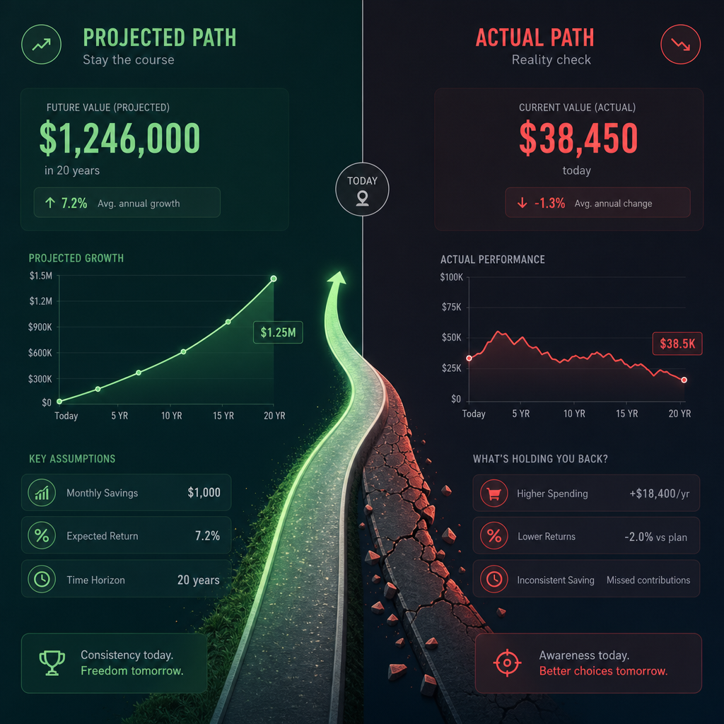 Visual comparison of projected versus actual savings outcomes